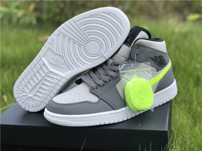 Newest Air Jordan 1 Mid Grey And Volt Swooshes On Sale 554724-072