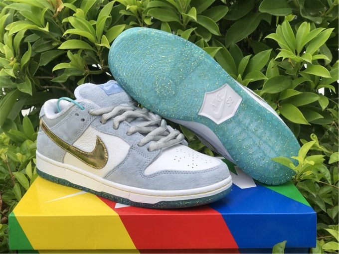 Sean Cliver x Nike SB Dunk Low White Psychic Blue Gold Sneakers DC9936-100