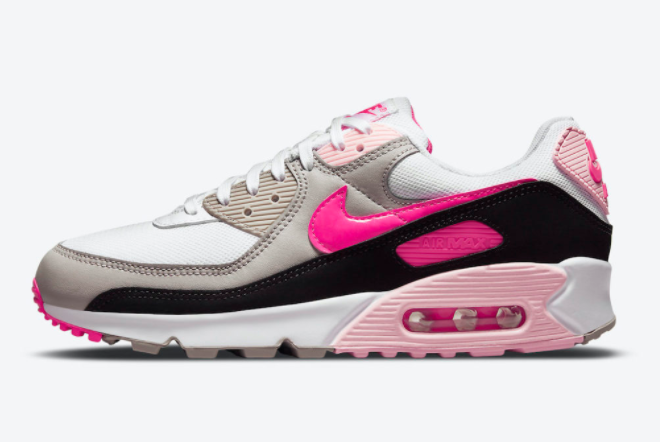 Womens Nike Air Max 90 White Pink-Grey-Black For Sale DM3051-100